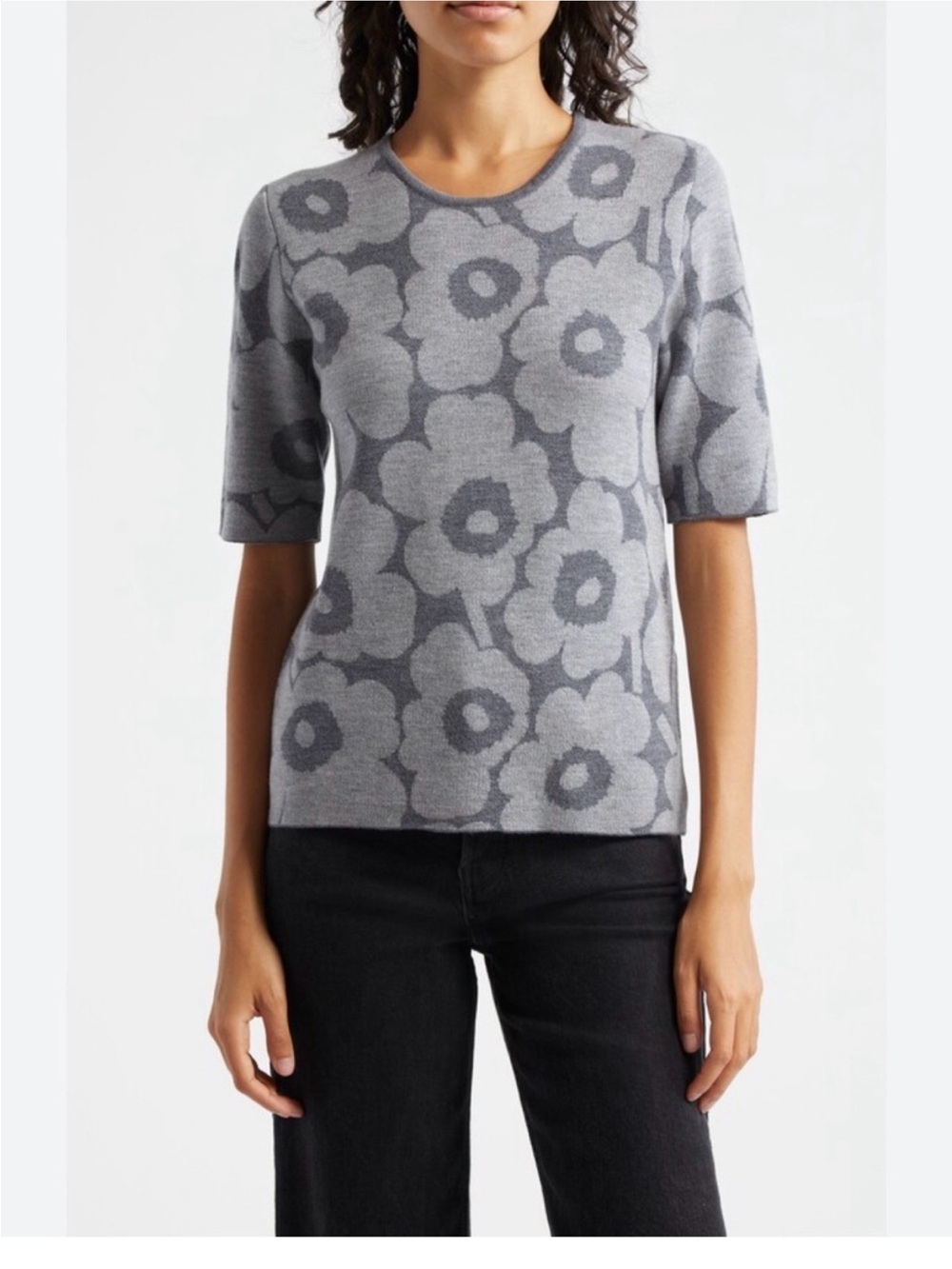 Marimekko Wool Gray Floral Short-Sleeve Knit Tee